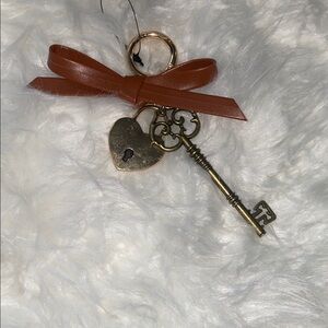 Faux Leather Bow Vintage Key and Lock Keychain Bag Charm - Tan